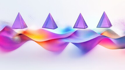 Poster - Abstract Digital Art: Four Purple Pyramids on Vibrant Wave Background