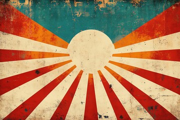 Poster - A vintage-style sunburst design featuring rays in red and orange, centered around a white circle.