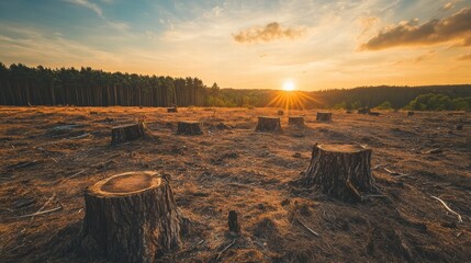 Poster - Deforested landscape reveals tree stumps under sunset light in a clearing surrounded by forest. Generative AI