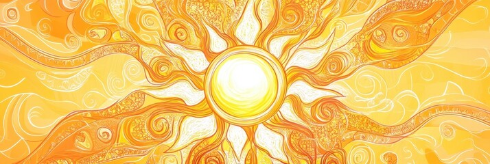 Poster - Bright and cheerful doodle of a sun with pancake like rays shining brightly in a colorful background. Generative AI