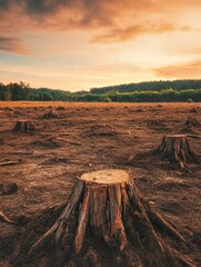 Poster - Deforestation in a once lush landscape with tree stumps visible under a golden sunset sky. Generative AI