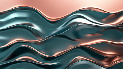 Wall Mural - Liquid Metal Dreamscape: Teal and Rose Gold Abstract Waves 