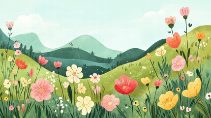 Aufkleber - Colorful naive art style landscape with floral elements and rolling hills. Generative AI