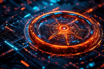 Fototapete - A futuristic compass design with glowing elements on a digital circuit background.