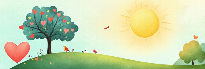 Aufkleber - Whimsical Valentines Day design featuring hearts, birds, and a bright sun against a serene landscape. Generative AI