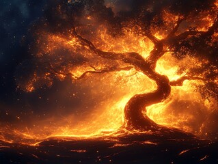 Aufkleber - A glowing tree emanating fiery light amidst a dark, mystical background.