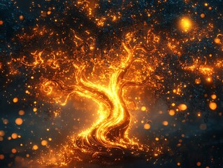 Aufkleber - A glowing, magical tree with fiery branches and sparkling orbs in a mystical setting.