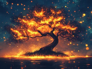 Aufkleber - A glowing tree surrounded by water, radiating warm colors in a mystical atmosphere.