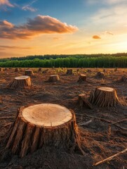 Poster - Deforested landscape with tree stumps at sunset highlighting the impact of logging on the environment. Generative AI