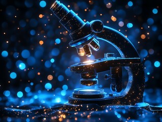 Poster - A glowing microscope surrounded by shimmering particles, emphasizing scientific exploration.