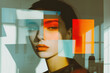Artistic portrait of a woman with abstract geometric overlays in vibrant orange and teal tones
