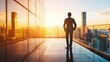 © bulegendut - A businessman stands on a balcony, gazing at a vibrant sunset over a city skyline.