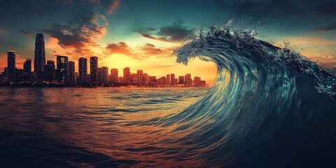 Poster - A vibrant city skyline at sunset with a crashing wave in the foreground.