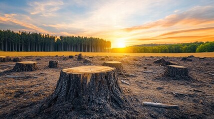 Poster - Deforested landscape with tree stumps under a colorful sunset in a once lush forest area. Generative AI