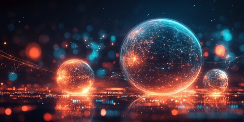 Fototapete - Abstract digital spheres with glowing connections and reflections in a futuristic setting.