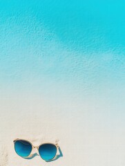 Poster - Sunglasses resting on soft sand with a vibrant blue ocean in the background perfect for summer relaxation. Generative AI