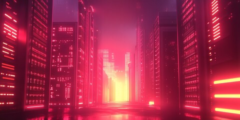 Poster - A futuristic corridor illuminated by vibrant red lights and digital structures.