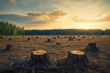 Poster - Deforested area reveals tree stumps under a colorful sky at sunset in a once lush forest. Generative AI