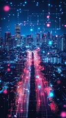 Poster - A vibrant cityscape at night with illuminated roads and digital effects.
