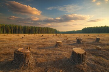 Poster - Deforested landscape with tree stumps under a cloudy sky at sunset in a clearing. Generative AI