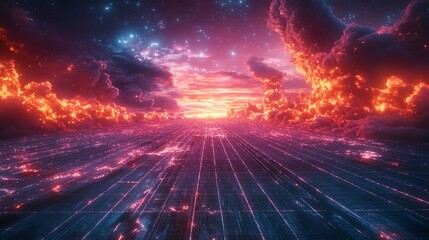 Aufkleber - a vibrant digital landscape featuring glowing clouds and a reflective surface under a cosmic sky.