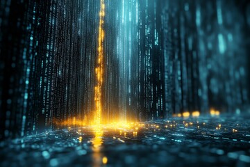 Leinwandbilder - A digital scene depicting cascading binary code with glowing elements, symbolizing technology.