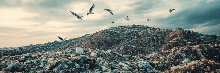 Poster - Seagulls soaring over a massive landfill with ample space for text and design elements. Generative AI