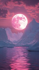 Poster - A serene landscape featuring icy mountains and a large pink moon reflecting on water.
