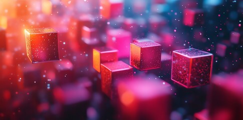 Poster - A vibrant abstract scene of floating cubes with glowing effects in a digital space.