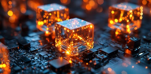 Leinwandbilder - A close-up of glowing cubes on a circuit board, illustrating technology and innovation.