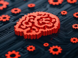 Poster - Red brain and gears representing artificial intelligence on circuit board