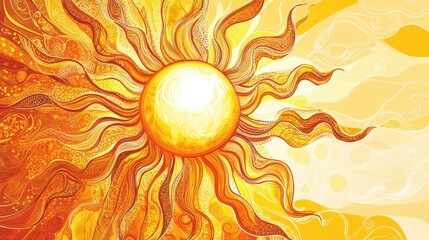 Poster - Bright sun with whimsical pancake like rays shining in a vibrant yellow background. Generative AI
