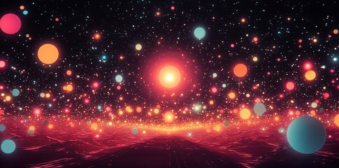 Aufkleber - A vibrant cosmic landscape filled with colorful orbs and a glowing central light.
