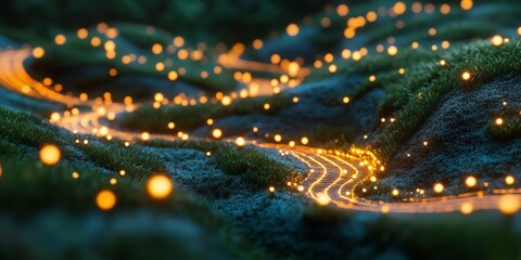 Aufkleber - A serene landscape with glowing lights flowing through lush greenery.