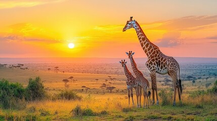 giraffe family silhouetted against a vibrant sunset over the african savanna.