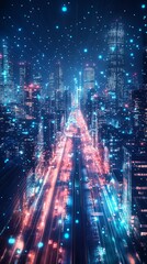 Poster - A vibrant cityscape illuminated by colorful lights and digital effects.