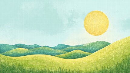 Aufkleber - Vibrant naive art style landscape featuring rolling hills and a bright sun, perfect for text placement and creative projects. Generative AI