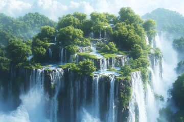Aufkleber - A serene waterfall landscape surrounded by lush greenery and mist.
