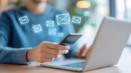 Poster - Close-up of hands using smartphone and laptop with glowing email icons representing online communication, messaging, and connectivity. Ideal for illustrating digital communication and email marketing