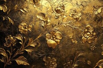 Poster - Intricate golden floral relief design with a textured background.