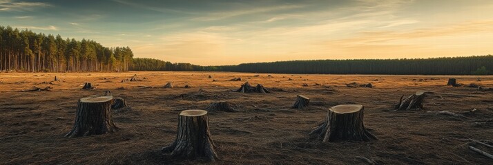 Poster - Deforested landscape revealing numerous tree stumps under a twilight sky in a remote area. Generative AI