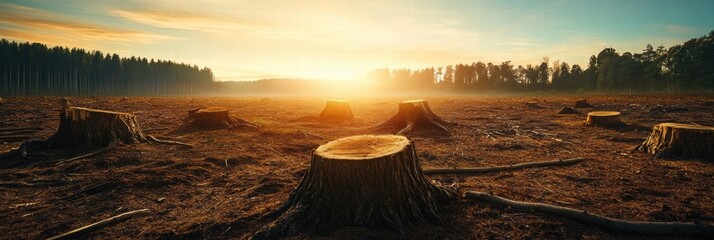 Poster - Deforestation leads to barren landscape with tree stumps under sunset at a remote location. Generative AI