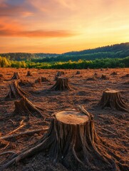 Poster - Deforestation aftermath showing numerous tree stumps in a barren landscape during sunset in a forested area. Generative AI
