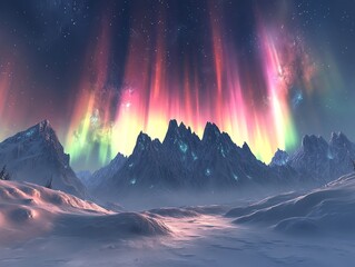 Poster - A vibrant aurora illuminates a snowy mountain landscape under a starry sky.