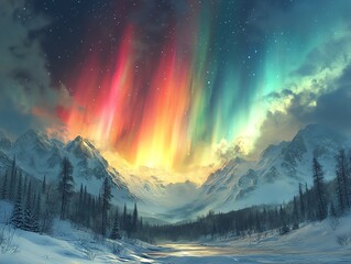 Poster - A breathtaking view of the aurora borealis illuminating snowy mountains at dusk.