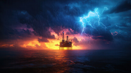 Wall Mural - dramatic oil rig stands resilient in stormy seas, illuminated by lightning and vibrant sunset