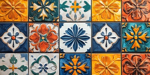 Poster - Colorful ceramic tiles with intricate floral patterns arranged in a grid.