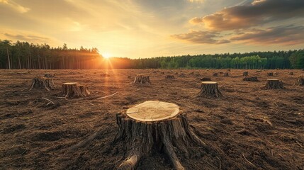 Poster - Deforested landscape reveals tree stumps under a sunset sky in a clear cut forest area. Generative AI
