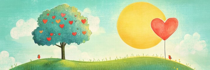Leinwandbilder - Whimsical hand drawn Valentines Day design featuring hearts, a tree, and a bright sun perfect for creative expressions. Generative AI