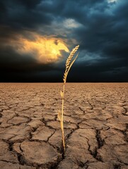 Poster - Dry barren field features a solitary stalk of withered wheat under a dramatic sky with swirling clouds. Generative AI
